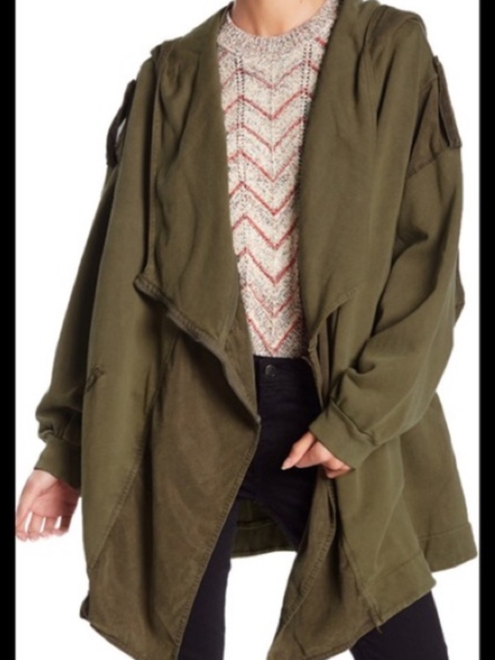 Free People olive army green utility draped hooded oversized sweater jacket